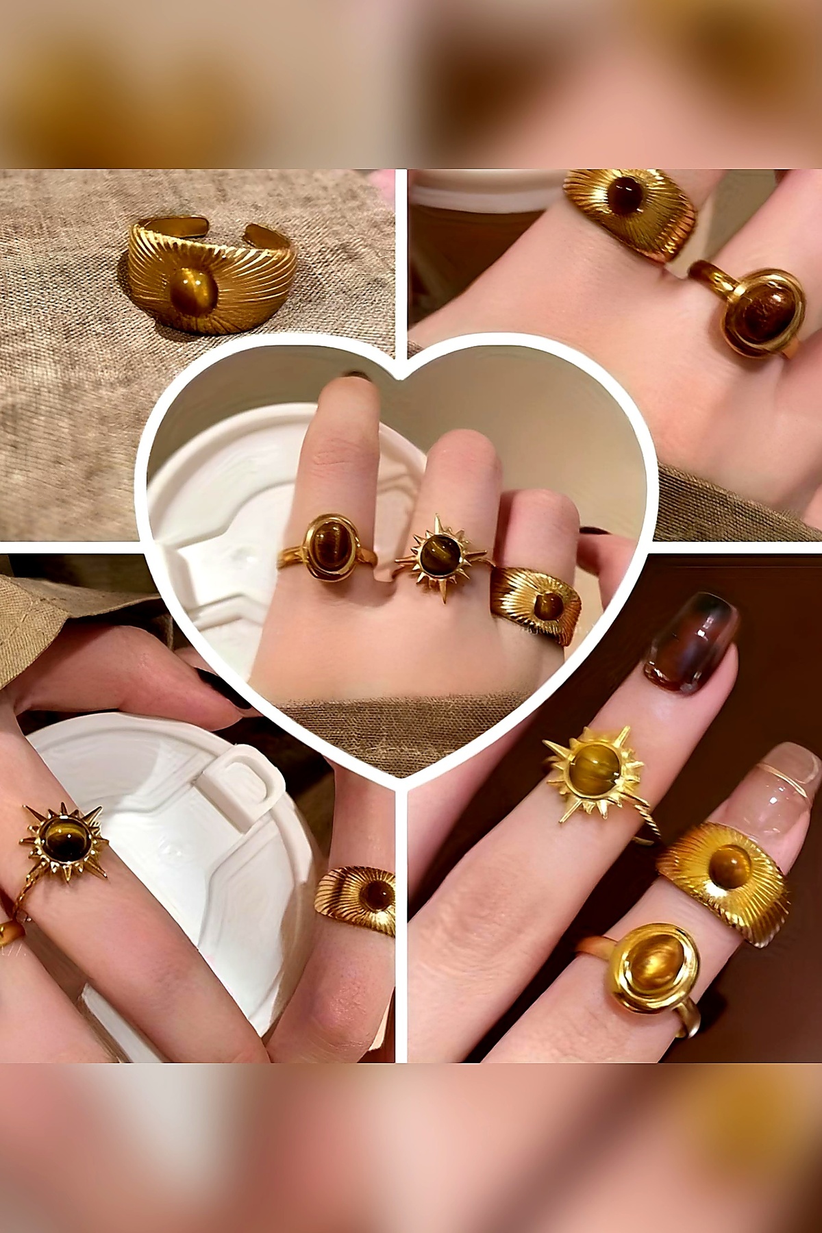 The Collection 3'lü Kombin Kahverengi Taşlı Gold Vintage Ayarlanabilir Yüzük Set
