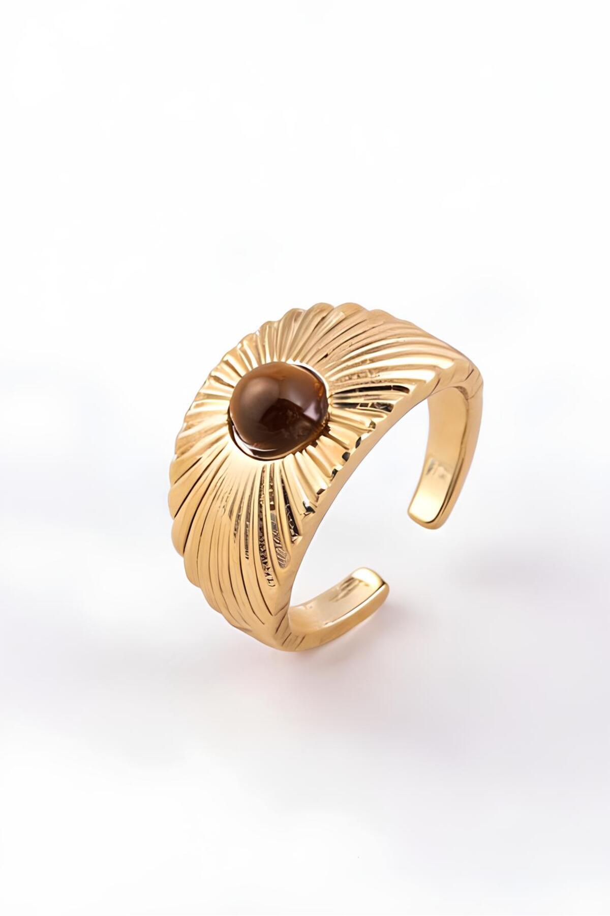 The Collection 3'lü Kombin Kahverengi Taşlı Gold Vintage Ayarlanabilir Yüzük Set