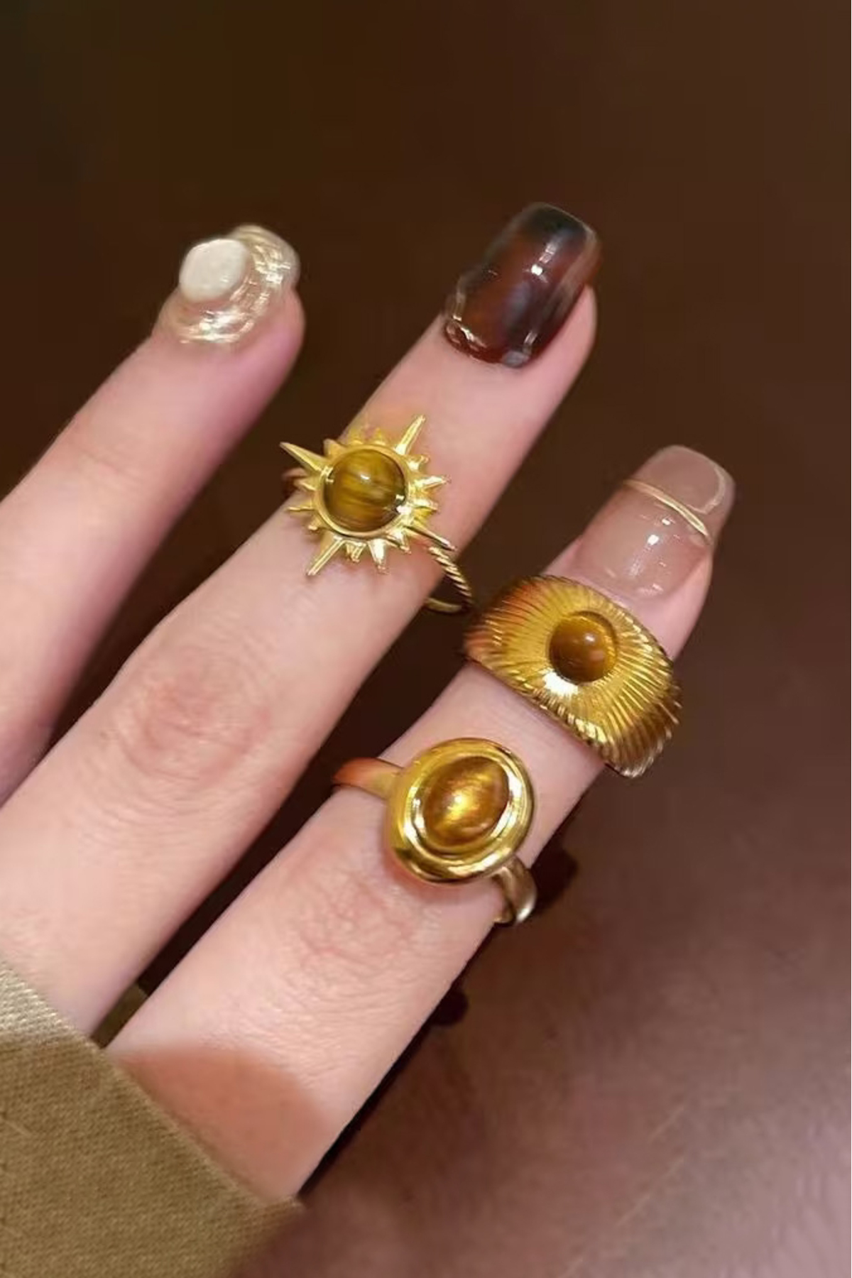 The Collection 3'lü Kombin Kahverengi Taşlı Gold Vintage Ayarlanabilir Yüzük Set