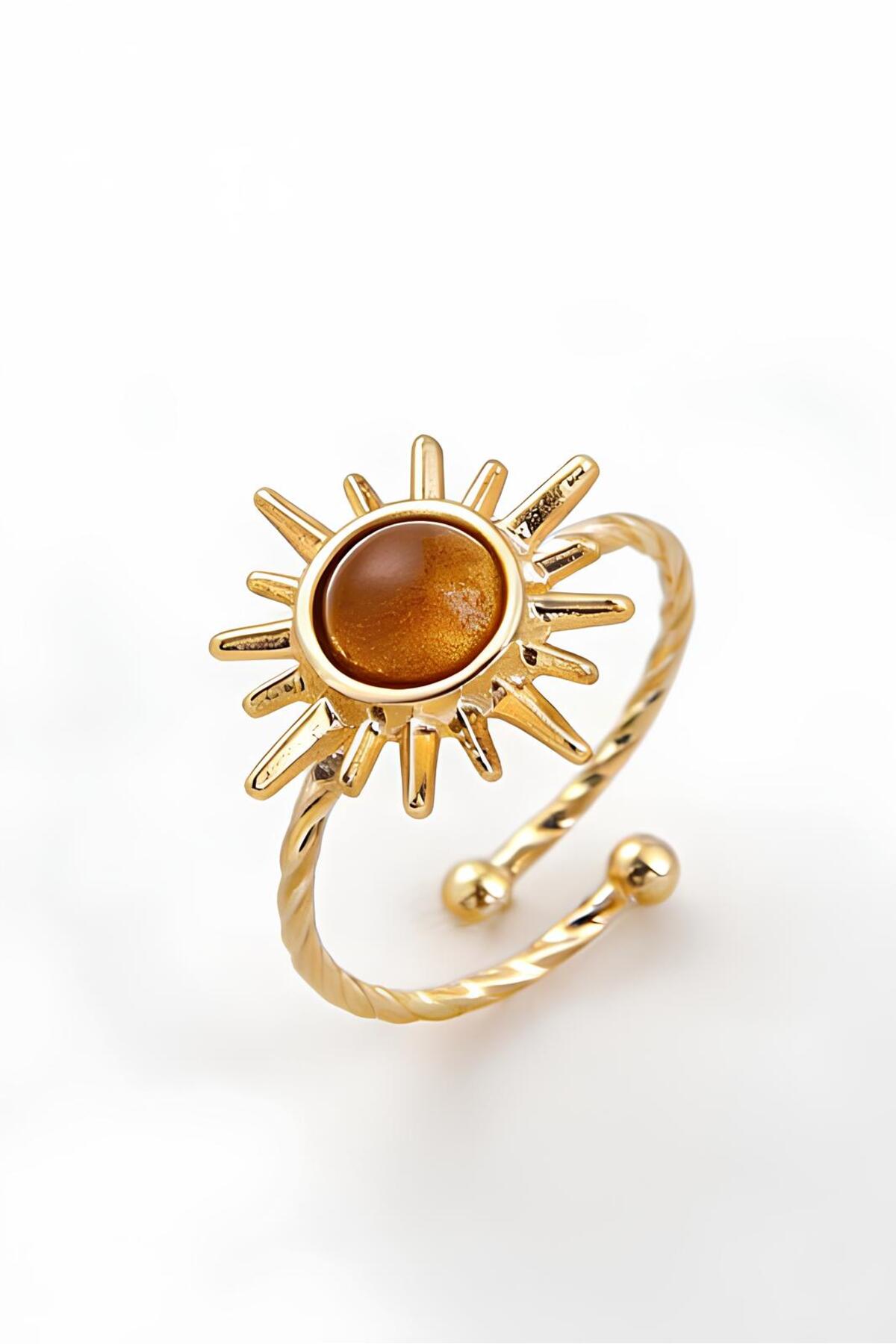 The Collection 3'lü Kombin Kahverengi Taşlı Gold Vintage Ayarlanabilir Yüzük Set