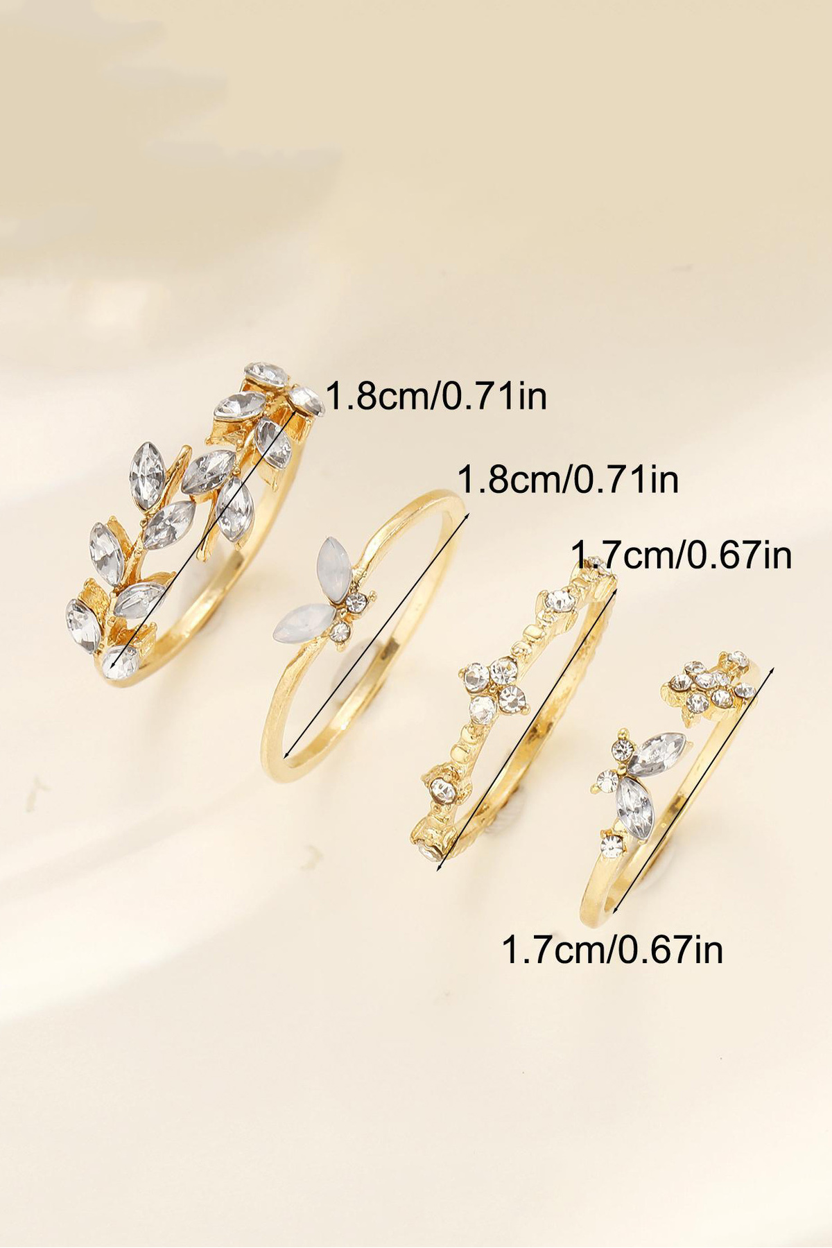 The Collection 4'lü Kombin Kelebek Çiçek Detaylı Eklem Gold Taşlı Yüzük Set