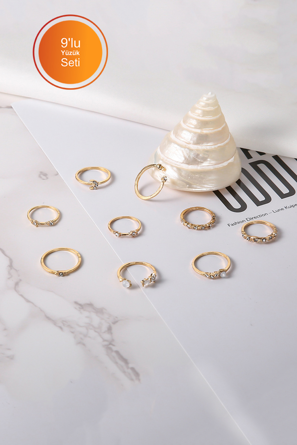 The Collection 9'lu Kombin Eklem Gold Taşlı Yüzük Set