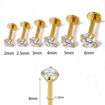 Titanyum Zirkon Taşlı Piercing,6 mm Bar uzunluğu,Tragus,Helix,Kulak,Kıkırdak,Flat,Conch,Dudak,Burun