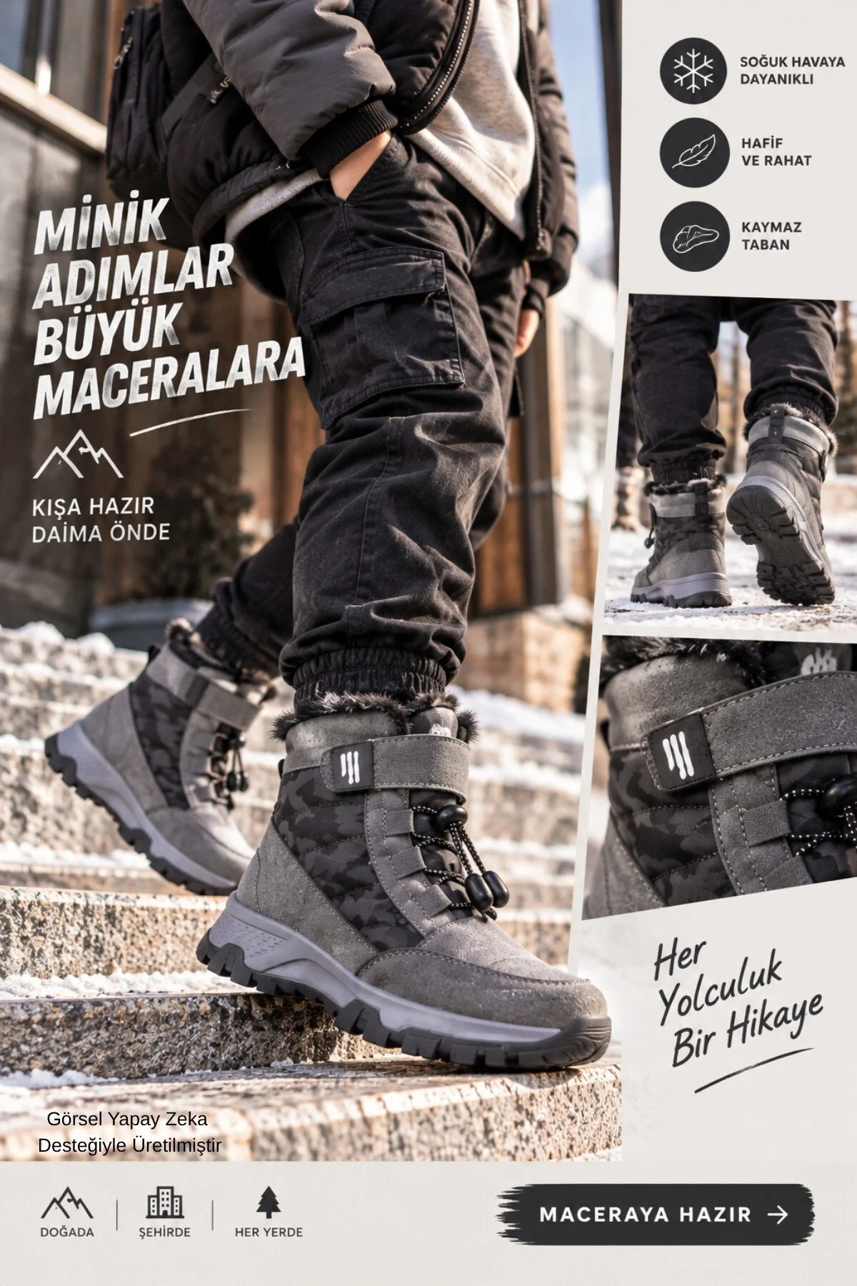 TUNDY İçi Kürklü Cırtlı ve Bağcıklı Unisex Çocuk Kar Botu - Görsel 10