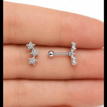 Üçlü Yıldız Tragus Piercing Çelik Gümüş Renk Parlak Figürlü
