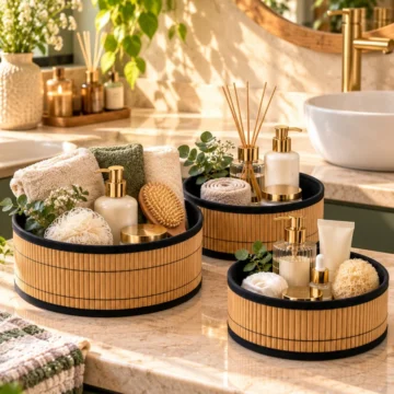Üçlü Yuvarlak Bambu Çok Amaçlı Düzenleyici Seti,3 Boy Dekoratif Banyo, Mutfak ve Dolap içi Organizer Sepet