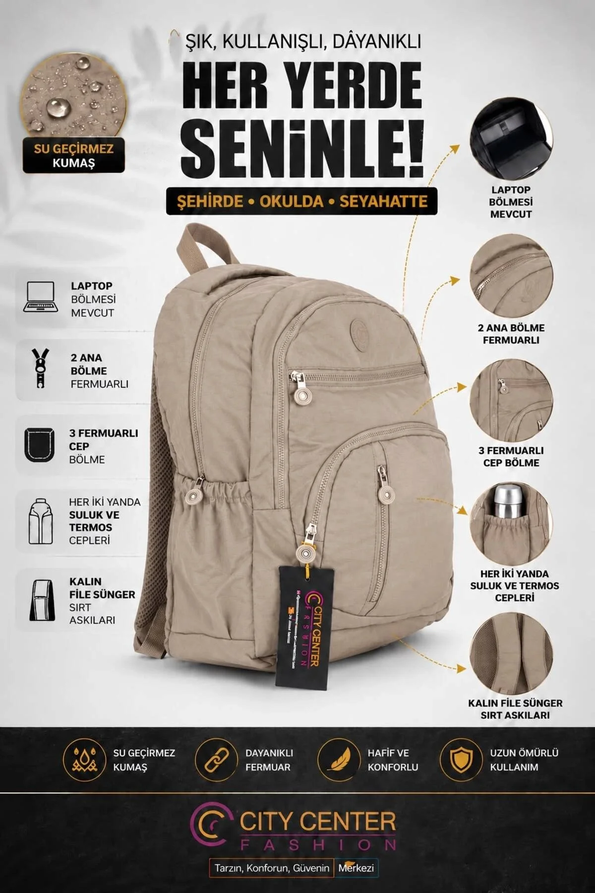 Unisex Krinkıl Su Geçirmez Kumaş Büyük Boy Çok Gözlü Okul Ve Seyahat Sırt Çantası Cty-lbn-101 - Görsel 10