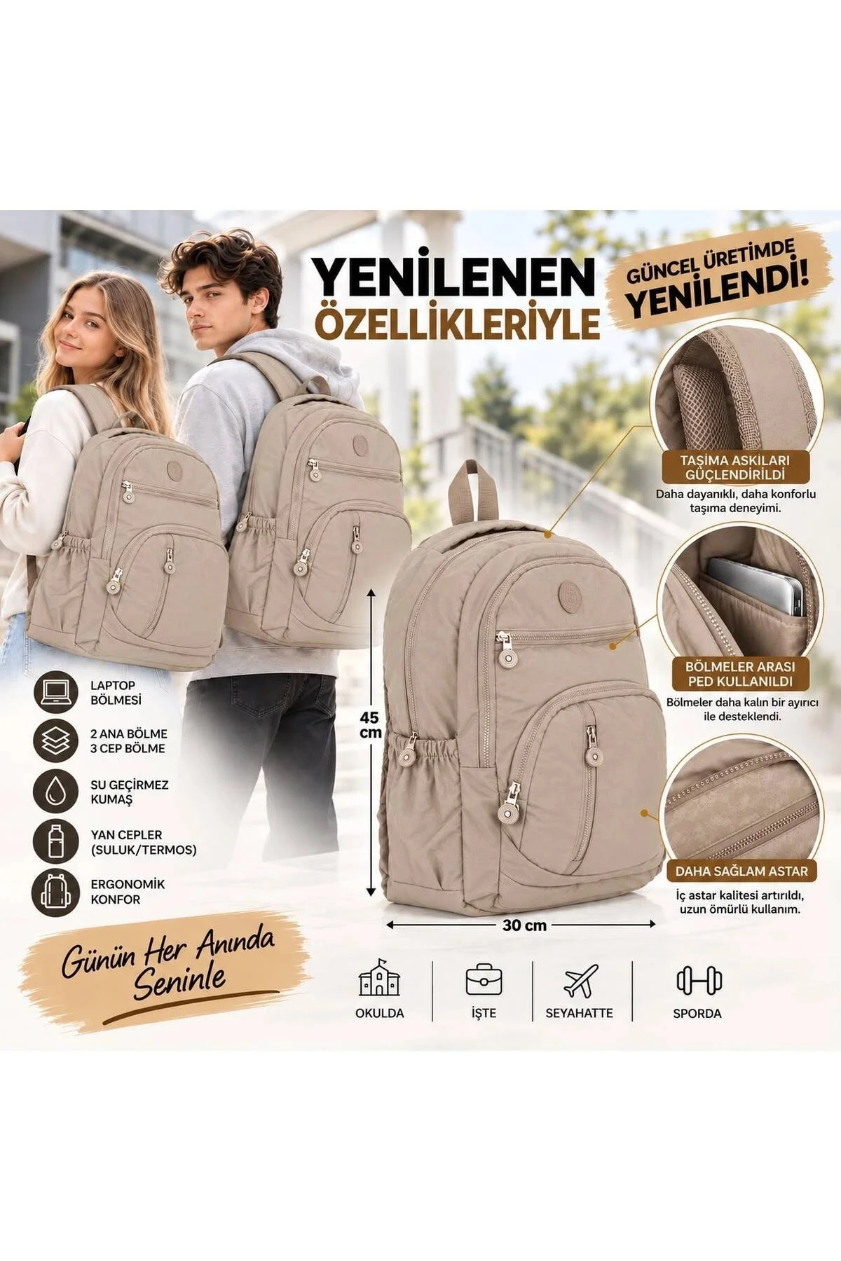 Unisex Krinkıl Su Geçirmez Kumaş Büyük Boy Çok Gözlü Okul Ve Seyahat Sırt Çantası Cty-lbn-101 - Görsel 7