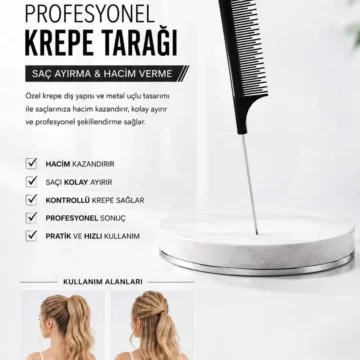 Unisex Profesyonel Kuaför Siyah Metal Uçlu Krepe Tarağı Saç Ayırma ve Şekillendirici Şişli Krepe Tarak Pratik Saç Aksesuar