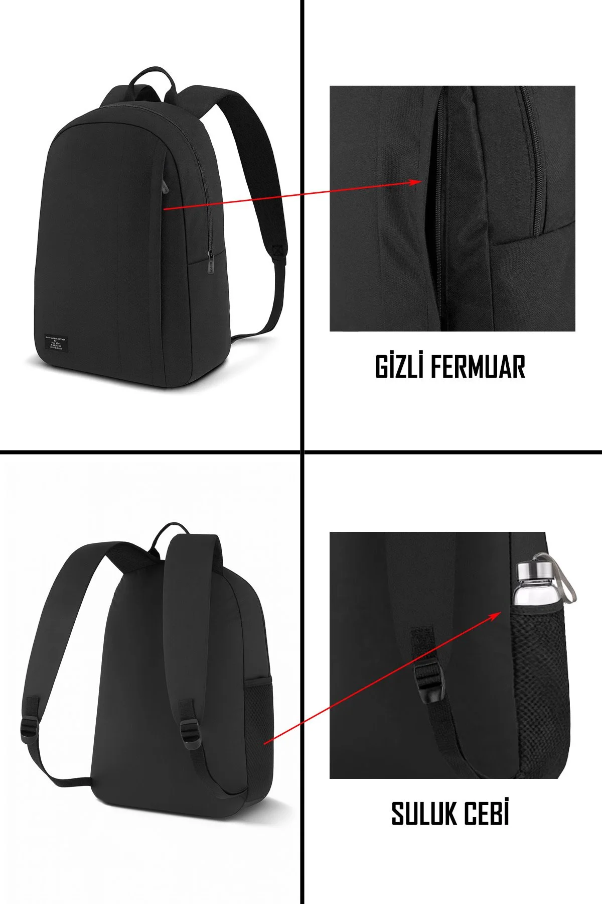 Unisex Su Geçirmez Siyah Kalemlikli Günlük Seyahat ve Okul Sırt Çantası - Görsel 4