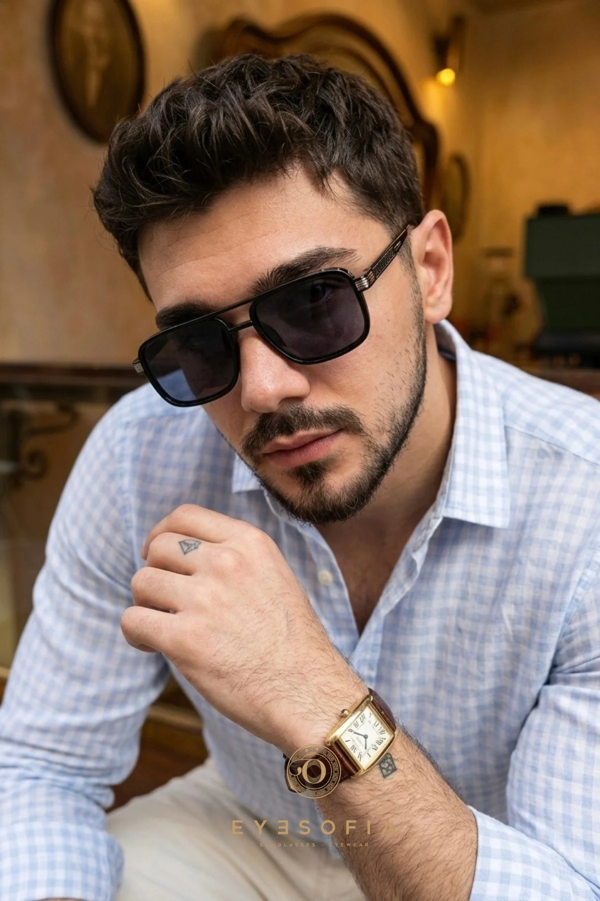 Vega Unisex Kare Siyah Gold Aksesuarlı Ultra Hafif Uv400 Filtreli Siyah Güneş Gözlüğü - Görsel 2