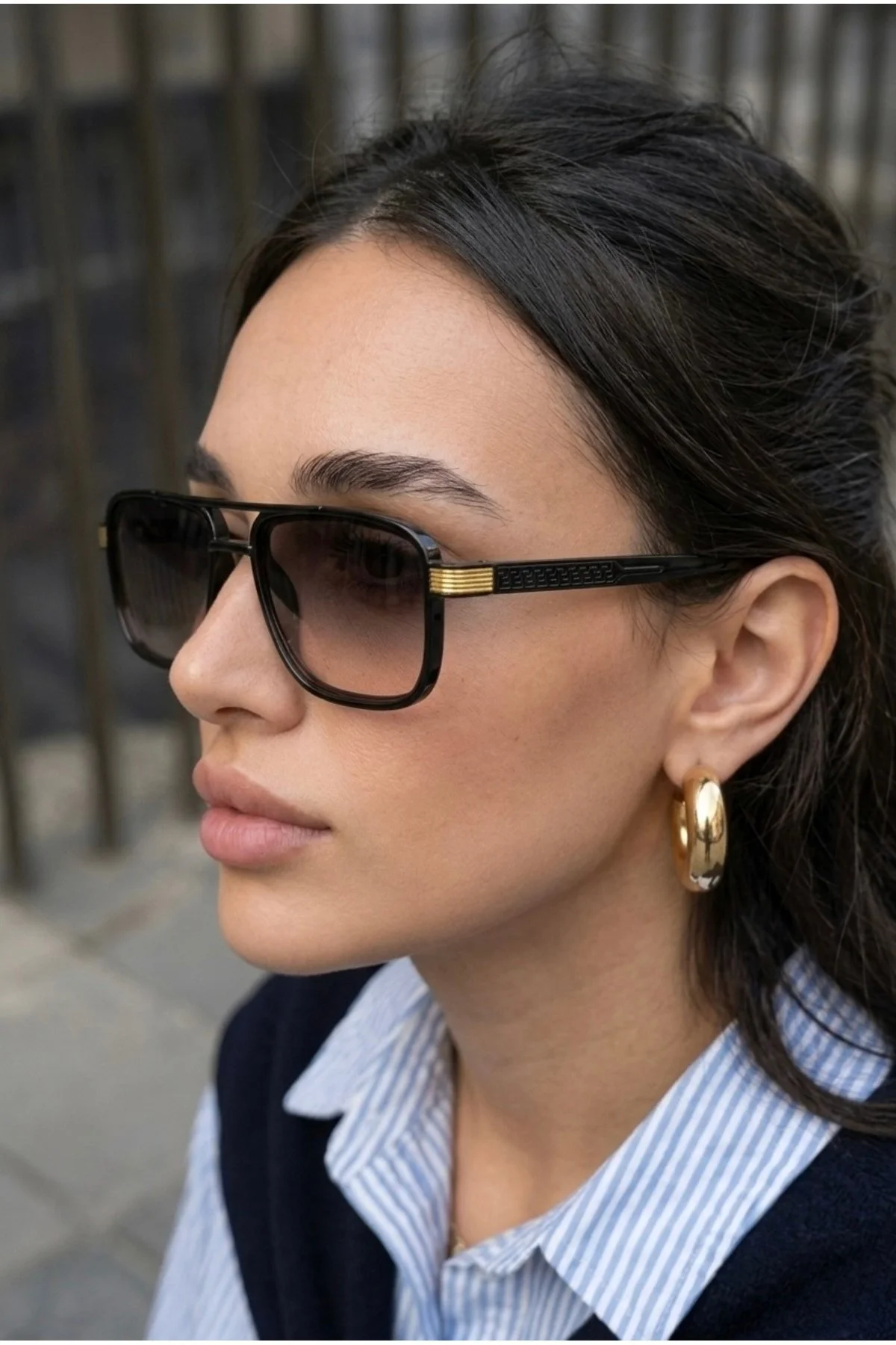 Vega Unisex Kare Siyah Gold Aksesuarlı Ultra Hafif Uv400 Filtreli Siyah Güneş Gözlüğü - Görsel 5