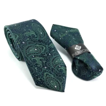 YEŞİL ŞAL DESEN MENDİLLİ KRAVAT