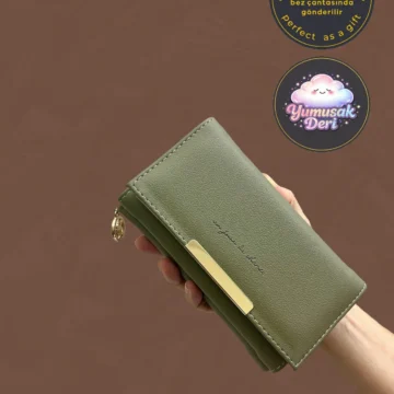 Yeşil Yumuşak Deri Kadın Cüzdan El Çantası Gold Detaylı