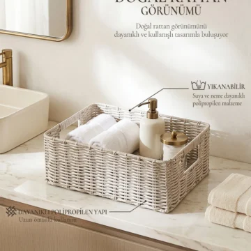 Yıkanabilir Bej PP Rattan Dolap İçi Çamaşır Çocuk Odası Oyuncak Düzenleyici Saklama Sepeti Organizer 36x26x12