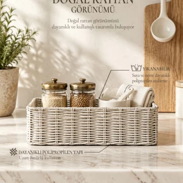 Yıkanabilir Bej PP Rattan Dolap İçi Çamaşır Çocuk Odası Oyuncak Düzenleyici Saklama Sepeti Organizer 30x20x11