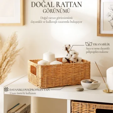 Yıkanabilir Gri PP Rattan Dolap İçi Çamaşır Çocuk Odası Oyuncak Düzenleyici Saklama Sepeti Organizer 30x20x11