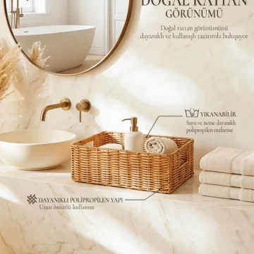 Yıkanabilir Gri PP Rattan Dolap İçi Çamaşır Çocuk Odası Oyuncak Düzenleyici Saklama Sepeti Organizer 36x26x12