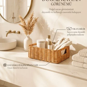Yıkanabilir Gri PP Rattan Dolap İçi Çamaşır Çocuk Odası Oyuncak Düzenleyici Saklama Sepeti Organizer 39x29x13