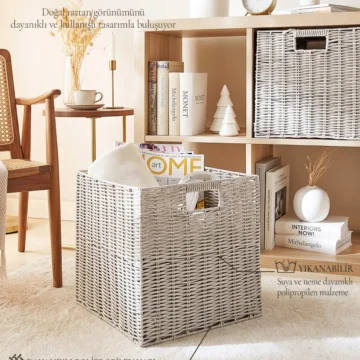 Yıkanabilir Gri PP Rattan Dolap İçi Çamaşır Çocuk Odası Oyuncak Düzenleyici Saklama Sepeti Organizer 33x33x33