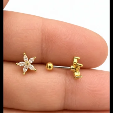 Yıldız Çiçeği Tragus Piercing Çelik Gümüş Renk Işıltılı Çiçek Tasarımı