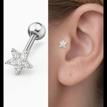 Yıldız Taşlı Tragus Piercing | 316L Cerrahi Çelik | Gold Renk | 1 Adet