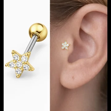 Yıldız Taşlı Tragus Piercing | 316L Cerrahi Çelik | Gümüş Renk | 1 Adet