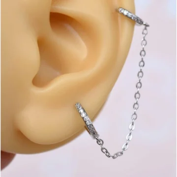 Zincirli Model Halka Piercing Ikili Bağlı Gümüş Renk