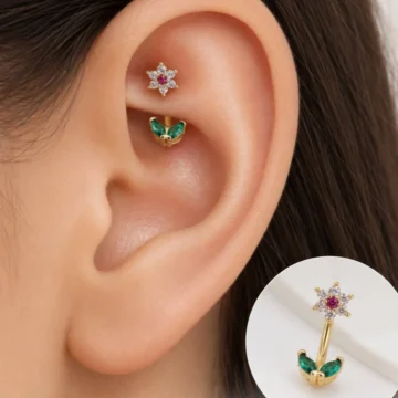 Zirkon Taşlı Çiçek Yaprak Rook Piercing Helix Kaş Kıkırdak Tragus 1.2 mm