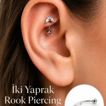 Zirkon Taşlı İki Yaprak Rook Piercing Çelik Bar 1 mm