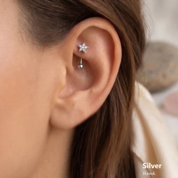 Zirkon Taşlı Minimal Yıldız Rook Piercing Çelik Bar 1 mm